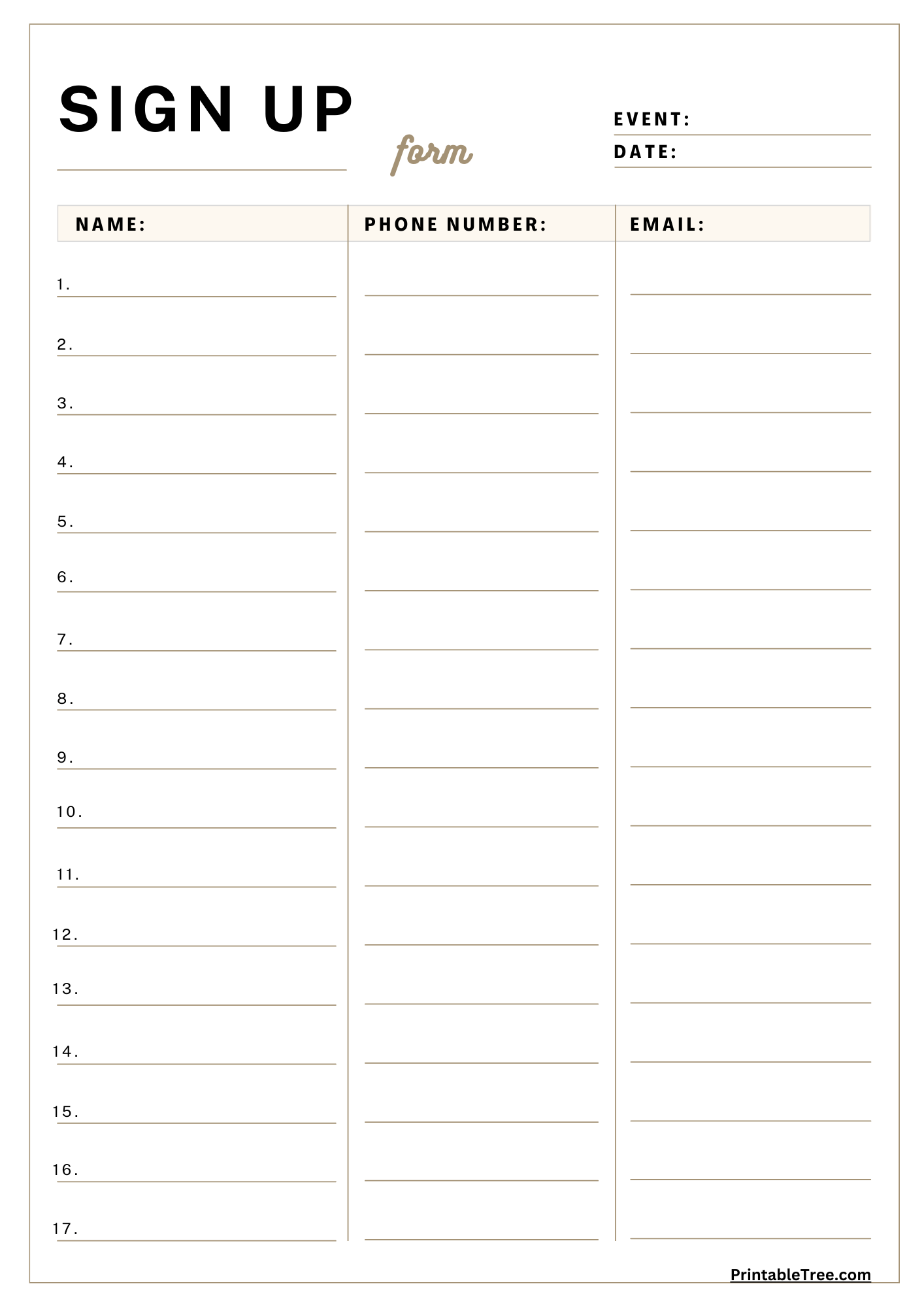 Calendar Sign Up Sheet Printable