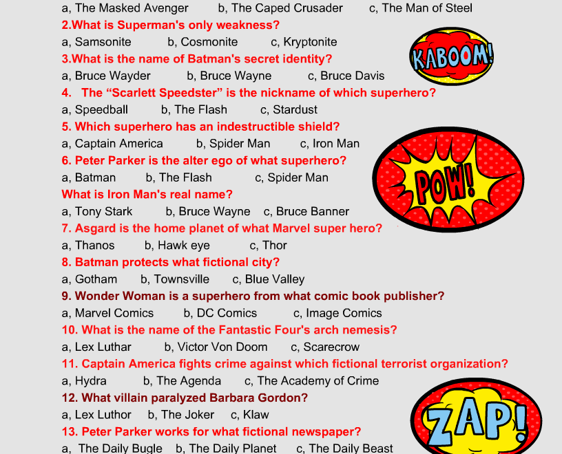 Free Printable Superhero Trivia Quiz