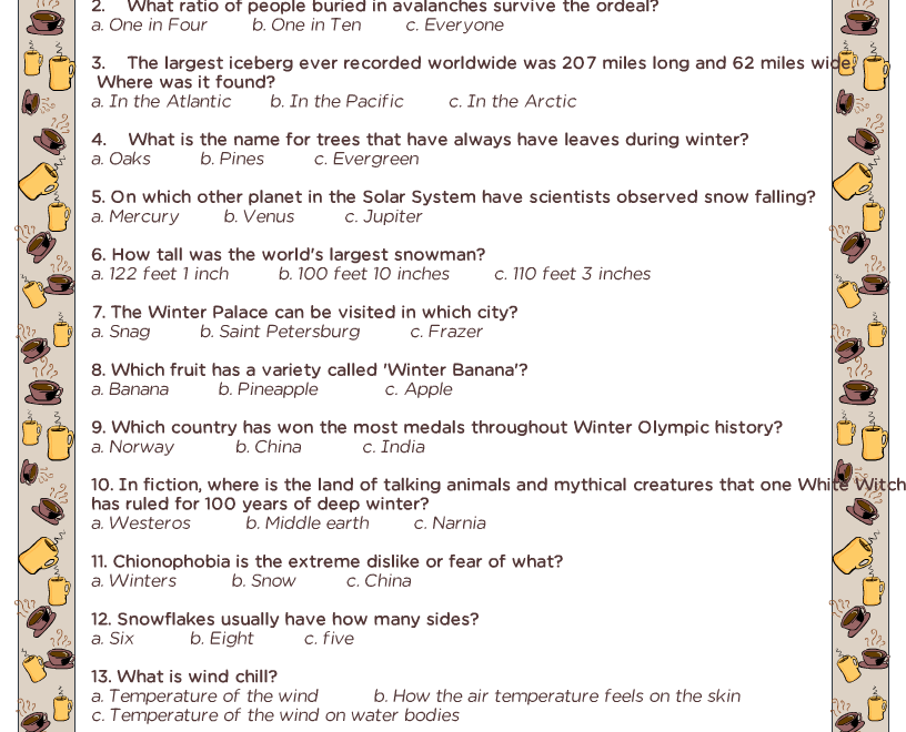 Free Printable Winter Trivia Quiz With Answers Worksheets Library