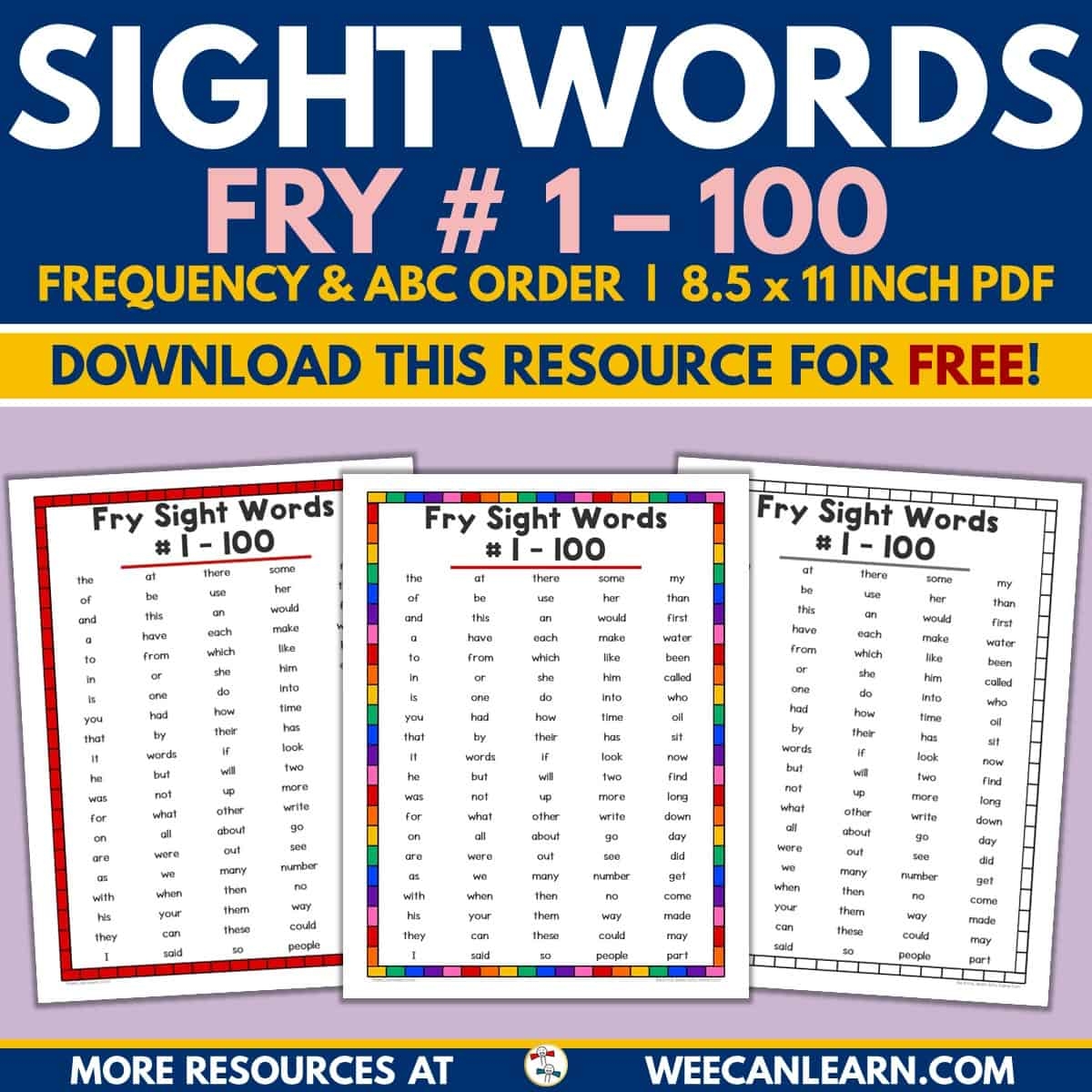 Fry Sight Word List 1 100 Alphabetical Frequency FREE Download 