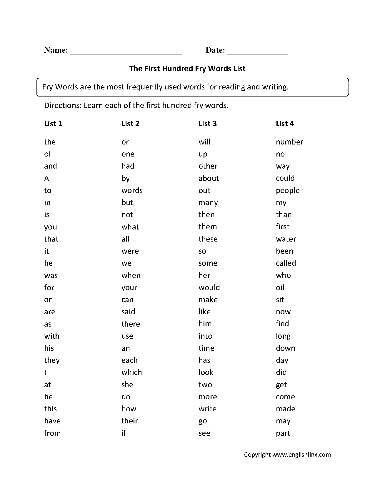 Free Printable Fry List