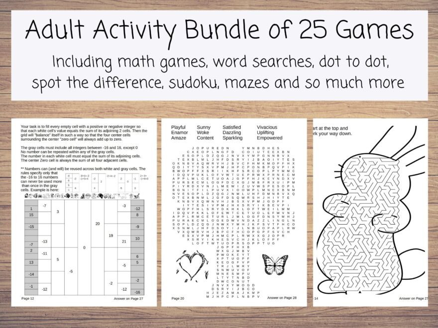 Fun Games Games Puzzles Puzzles Adult Puzzles 25 Printable Adult Activities Adult Games Coloring Dot to Dot Hidden Image Mazes Spot The Difference Sudoku Word Search Word Scramble
