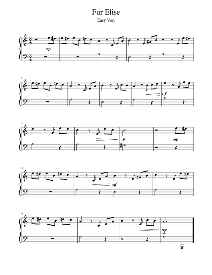 Fur Elise Easy Ver Sheet Music For Piano Solo MuseScore