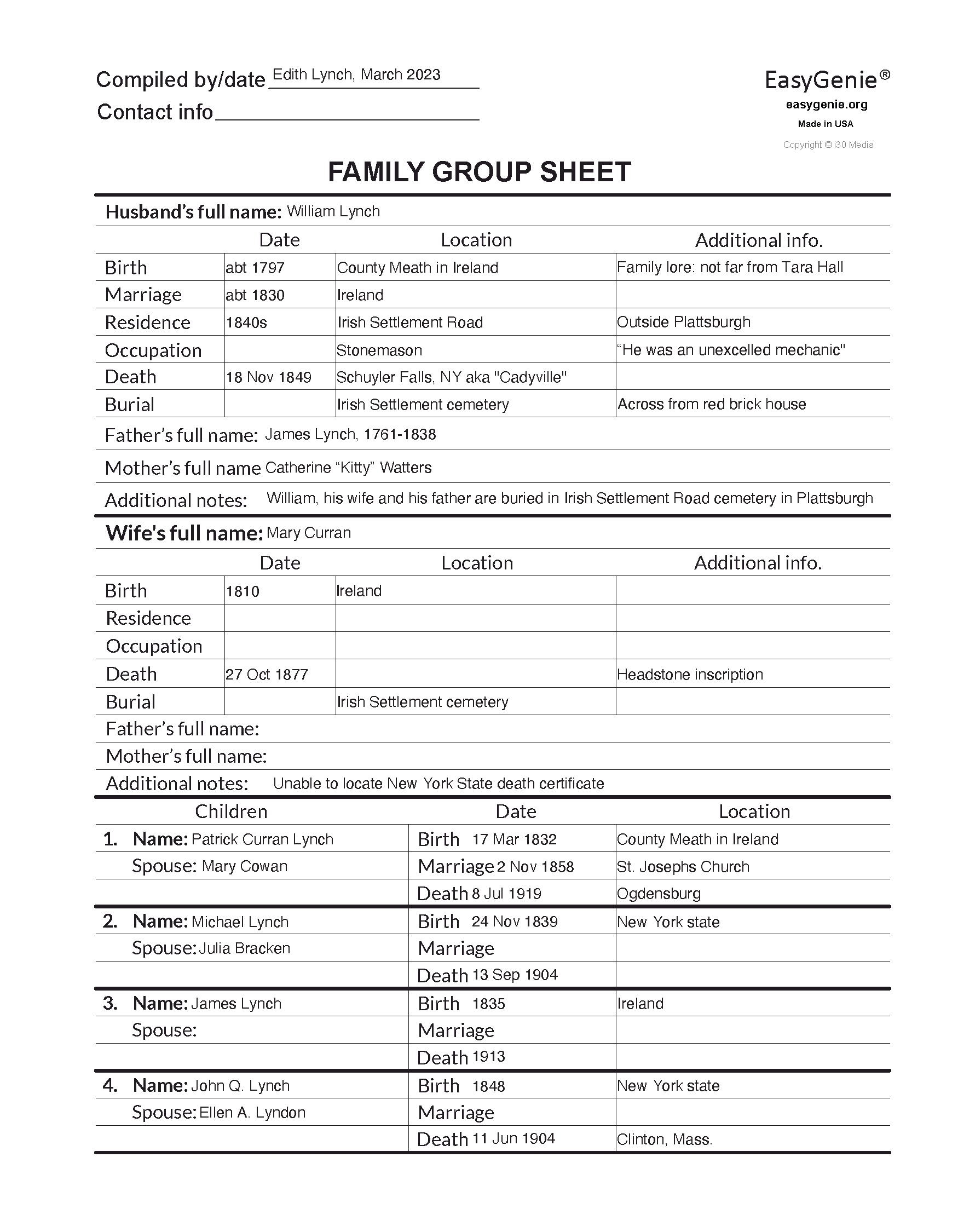 Genealogy Family Group Sheet Printable