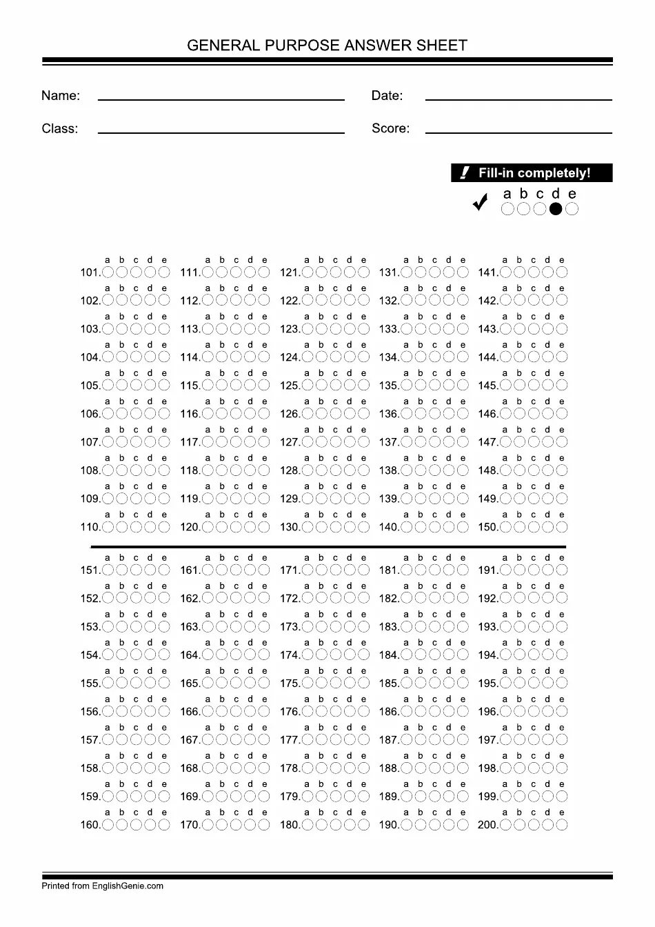 Multiple Choice Test Answer Sheet Printable