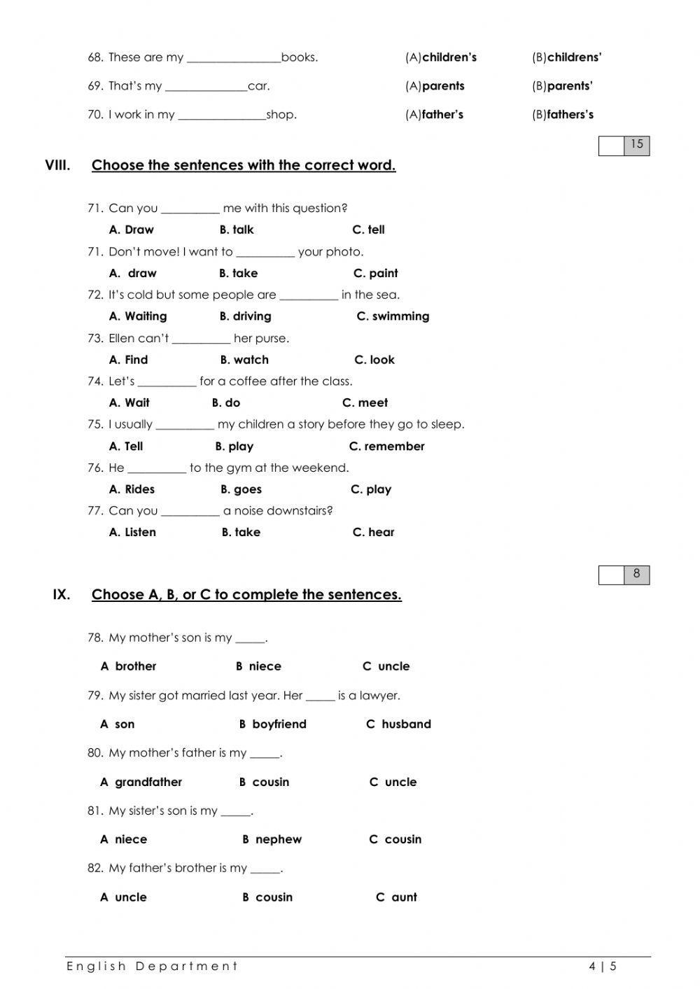 4th Grade Grammar Quiz Printable