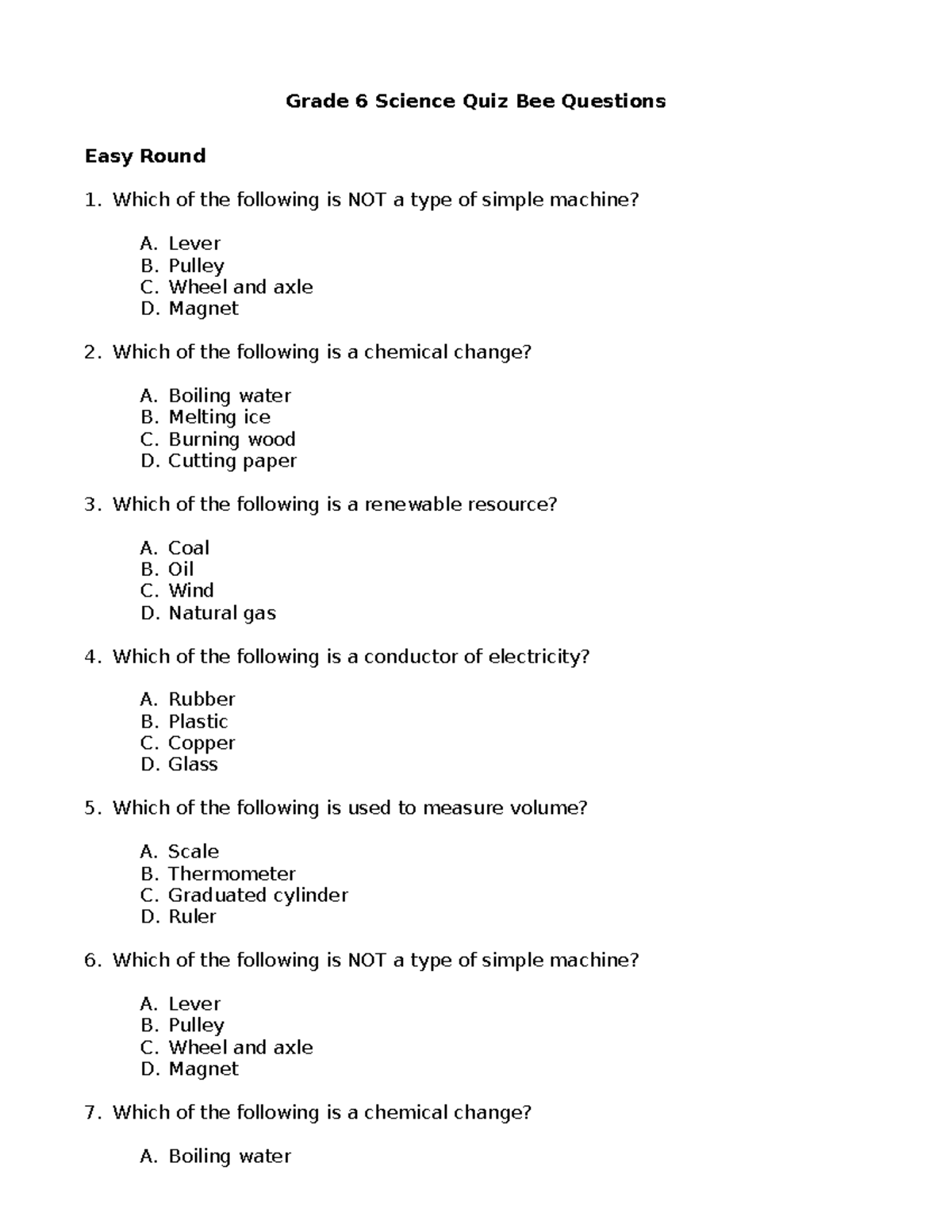 Grade 6 Science Quiz Bee Questions Easy To Clincher Rounds Studocu