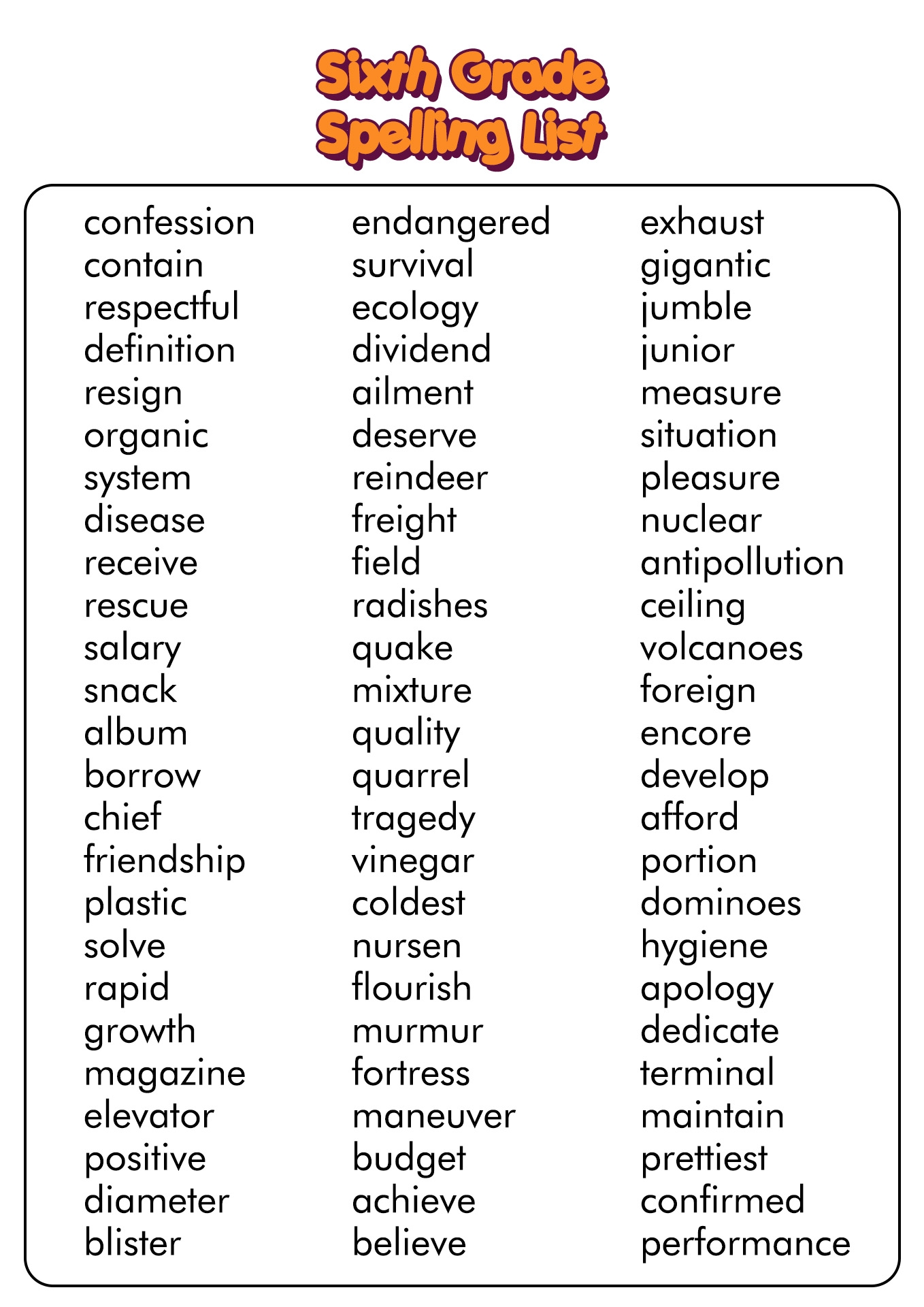 Free Printable Spelling Lists Grade 6
