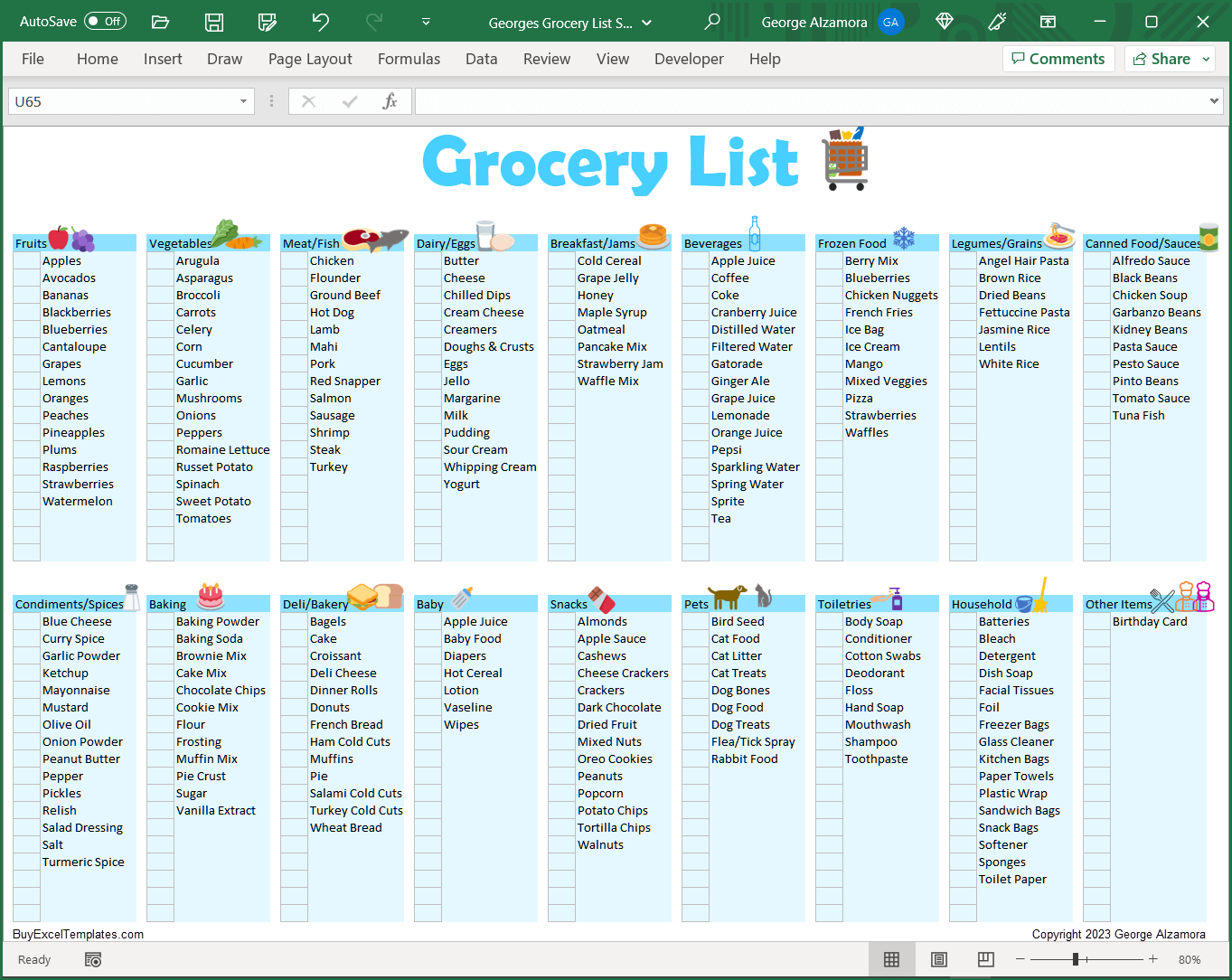 Grocery List Spreadsheet Printable Editable Food Shopping Planner BuyExcelTemplates