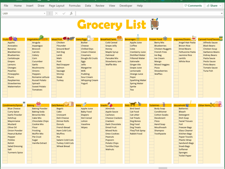 Grocery List Spreadsheet Printable Editable Food Shopping Planner BuyExcelTemplates