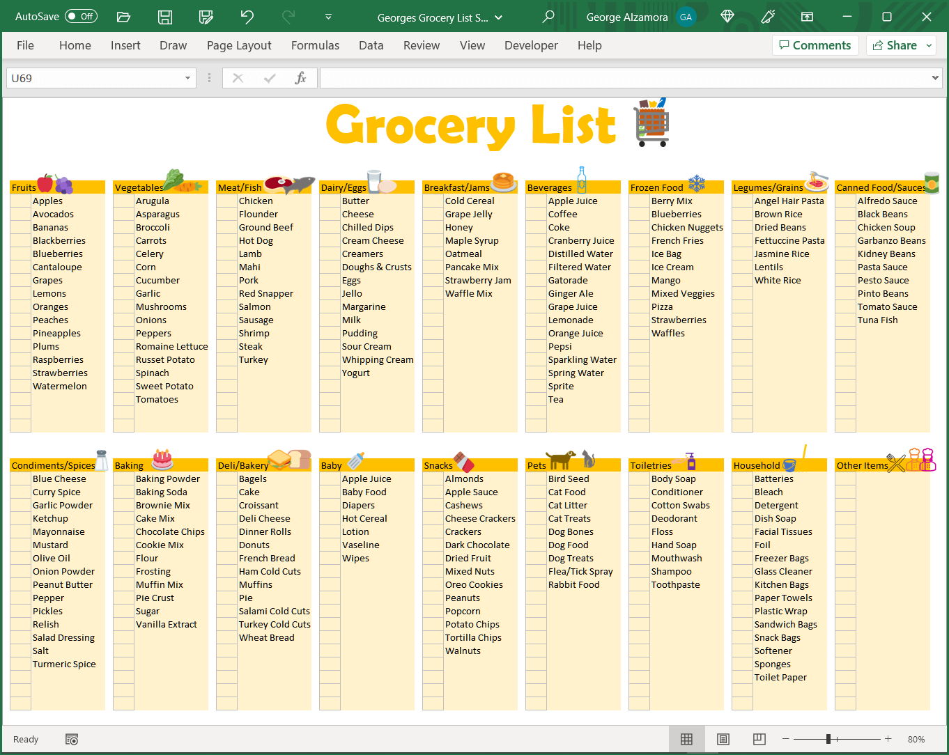 Grocery List Spreadsheet Printable Editable Food Shopping Planner BuyExcelTemplates