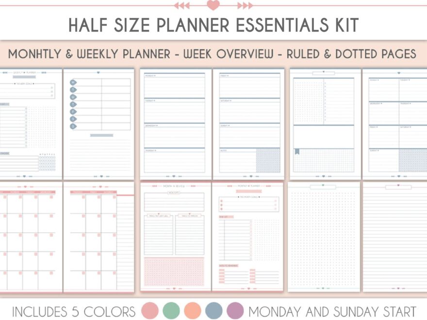 Half Size Planner Essential Pack Weekly Planner Monthly Planner Printable Colorful Planner Inserts Notes Pages Planner Kit Planner Pack Etsy