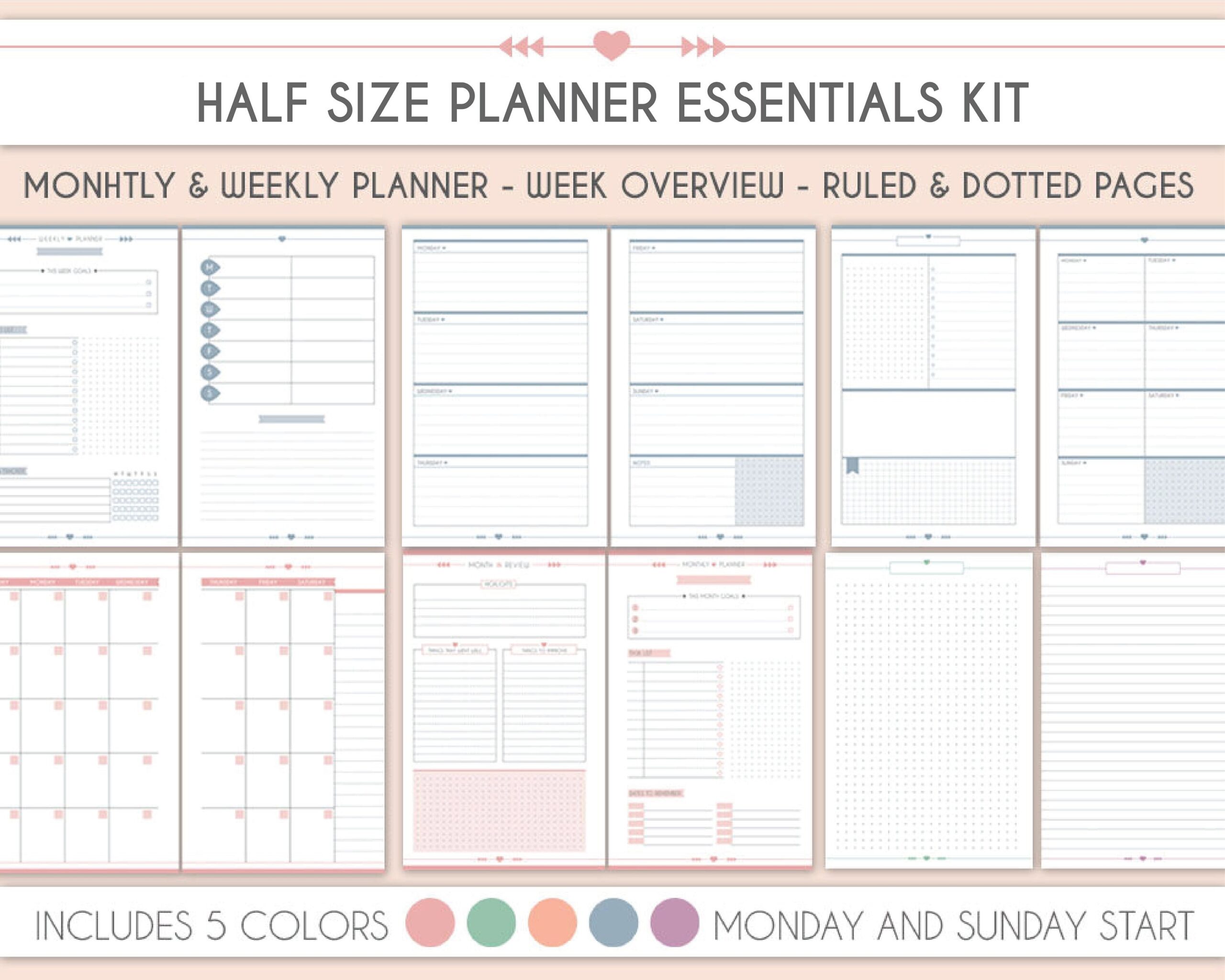 Half Size Planner Essential Pack Weekly Planner Monthly Planner Printable Colorful Planner Inserts Notes Pages Planner Kit Planner Pack Etsy