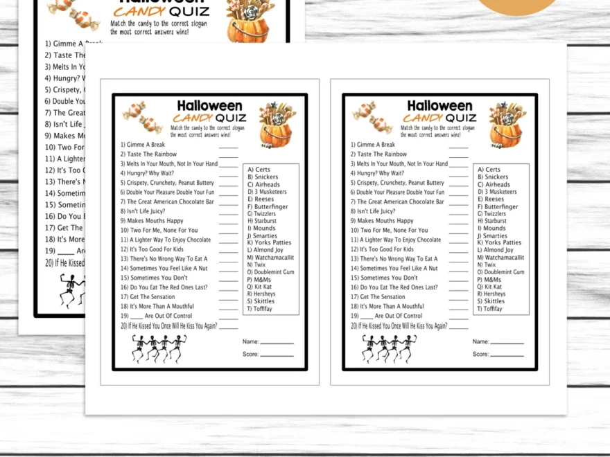 Halloween Candy Quiz Costume Party Match Game Printable Or Virtual Ki Enjoymyprintables
