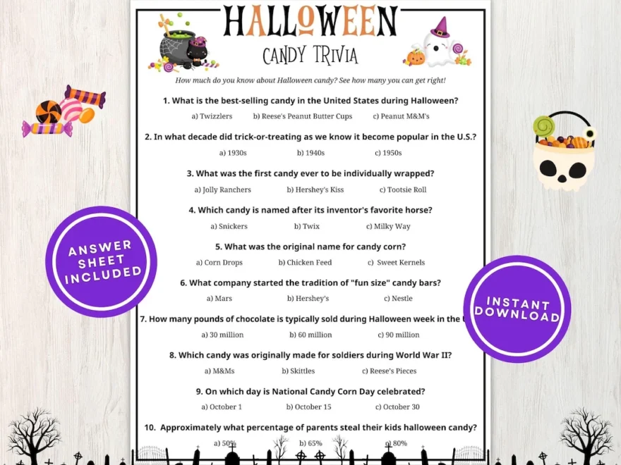Halloween Candy Trivia Printable Game For Kids And Adults 10 Questions With Multiple Choice Great For Parties And Groups Instant Download Etsy