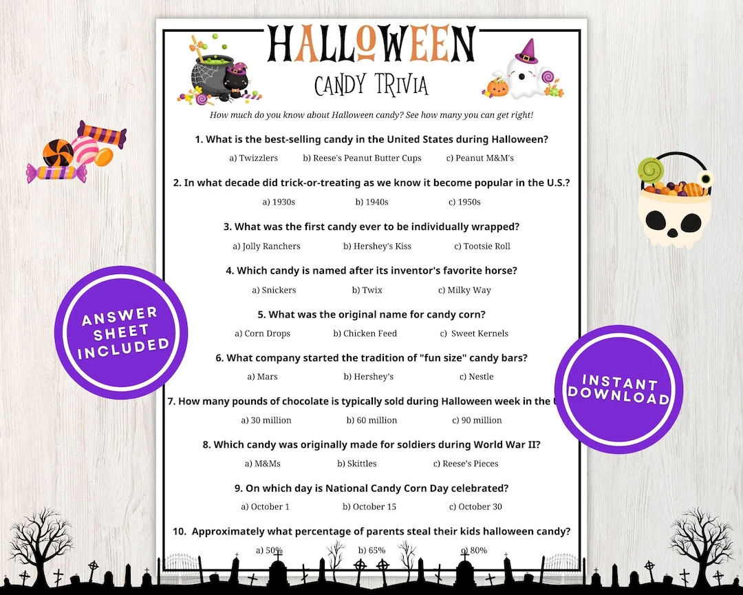 Halloween Candy Trivia Printable Game For Kids And Adults 10 Questions With Multiple Choice Great For Parties And Groups Instant Download Etsy