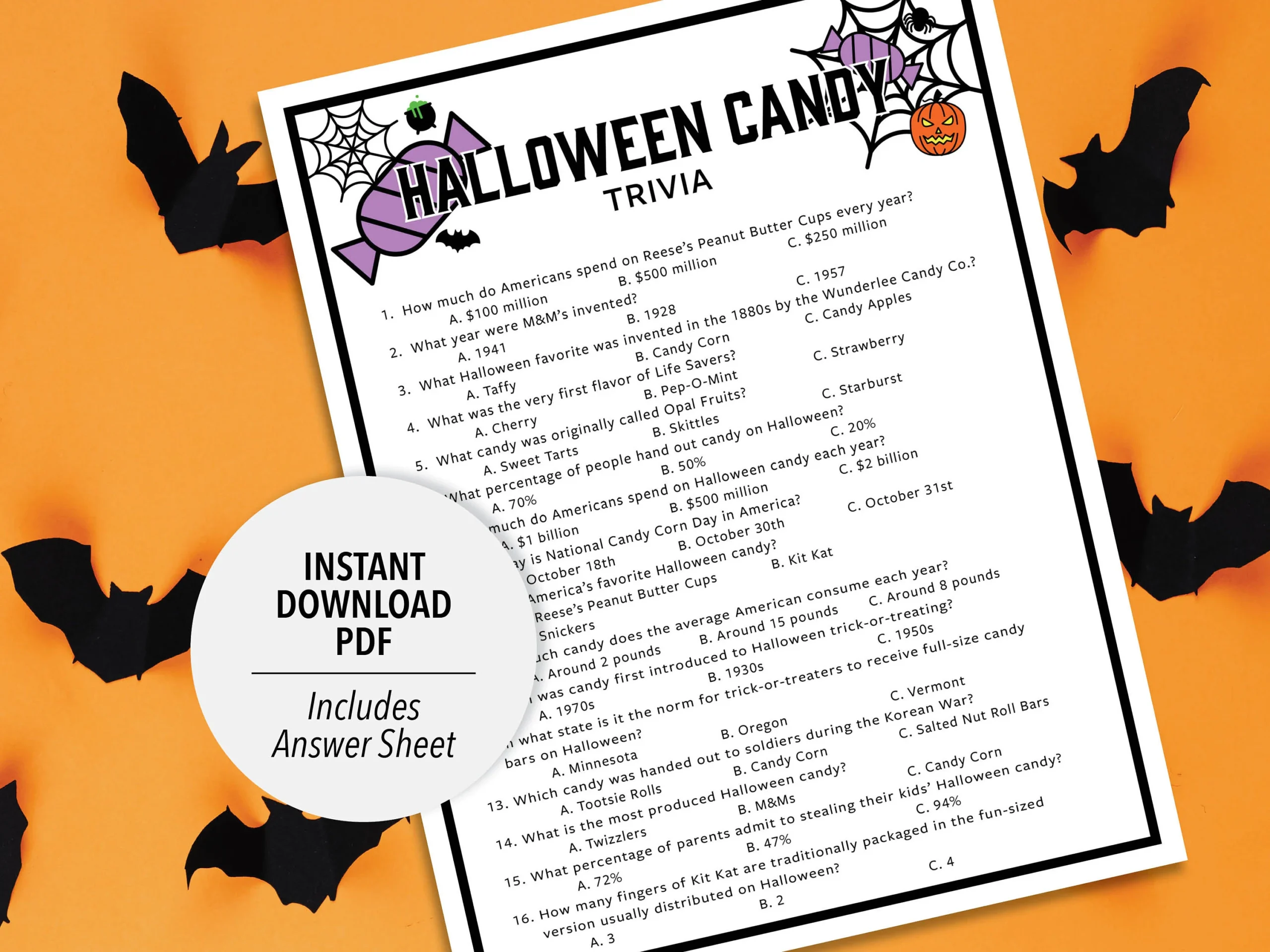 Halloween Candy Trivia Printable Halloween Candy Trivia Activity Game Holiday Trivia Fall Trivia Spooky Trivia Game Halloween Theme Etsy