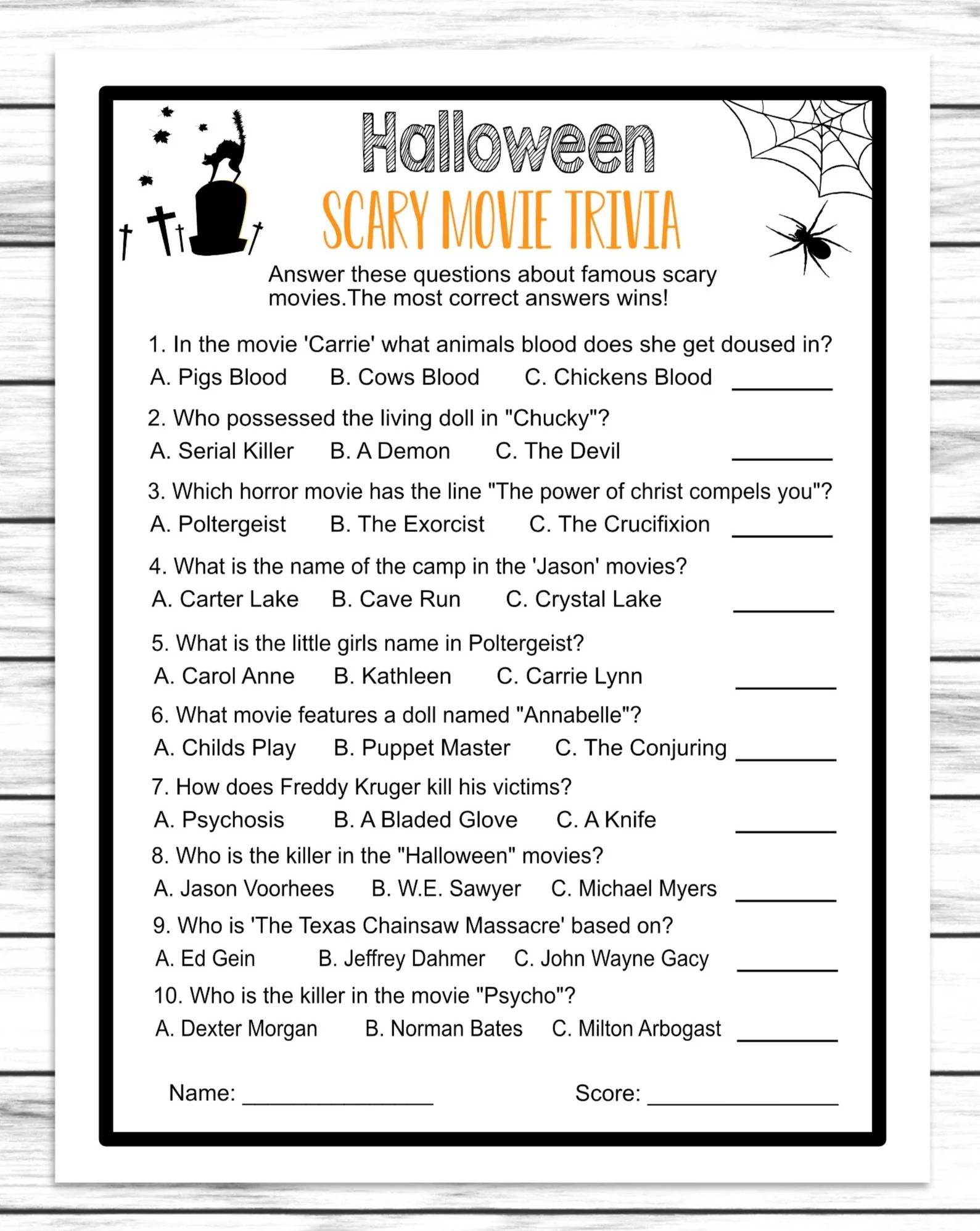 Halloween Scary Movie Trivia Quiz Costume Party Game Printable Or Vir Enjoymyprintables