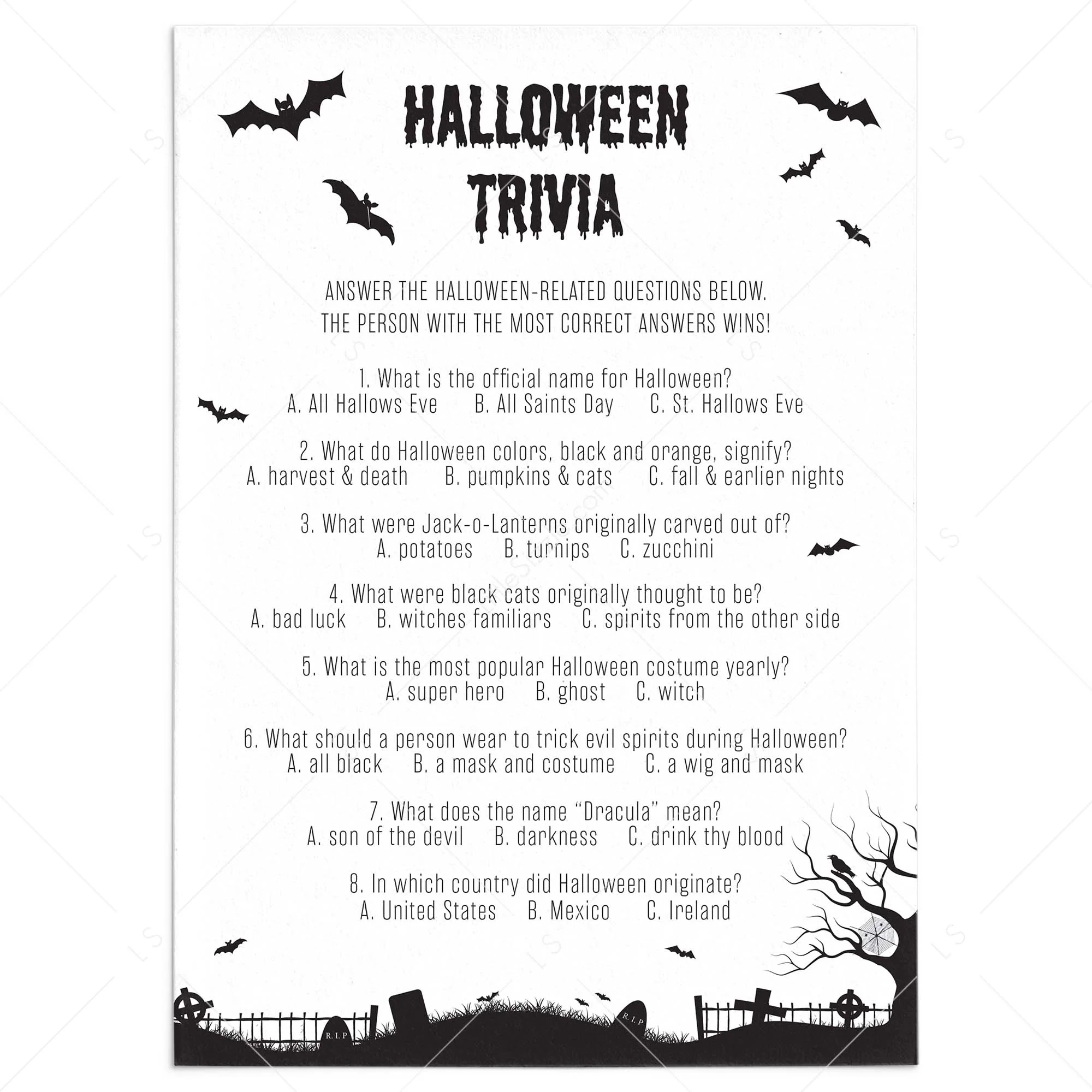 Halloween Trivia With Answers Printable Black White Graveyard LittleSizzle