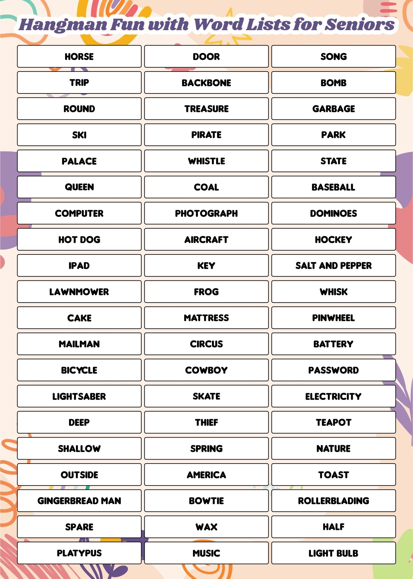 Free Printable Hangman Sheets And Words