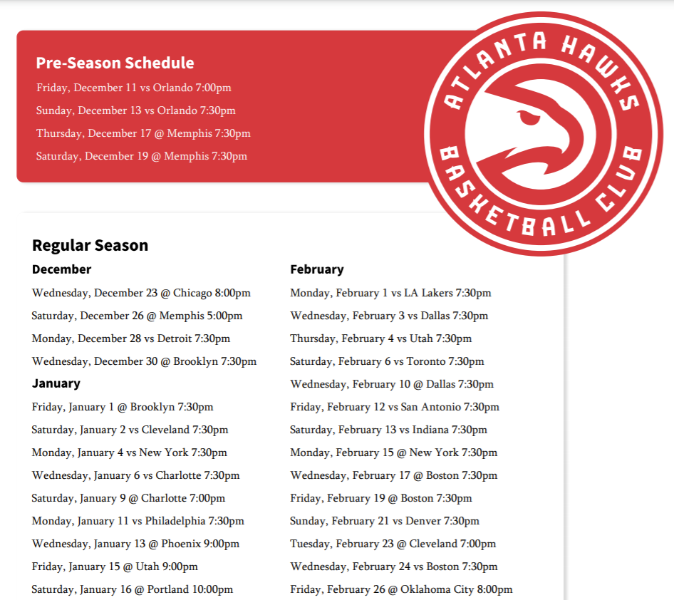 Hawks Announce 2023 24 Regular Season Schedule Peachtree Hoops Worksheets Library