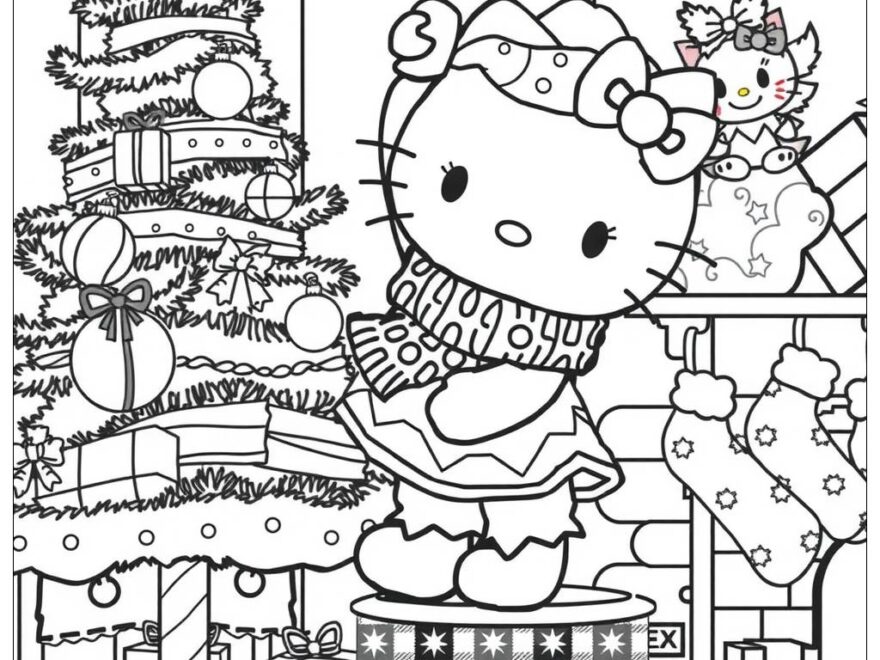 Hello Kitty Decorating A Christmas Tree 2 Coloring Page Free PDF PNG Printable