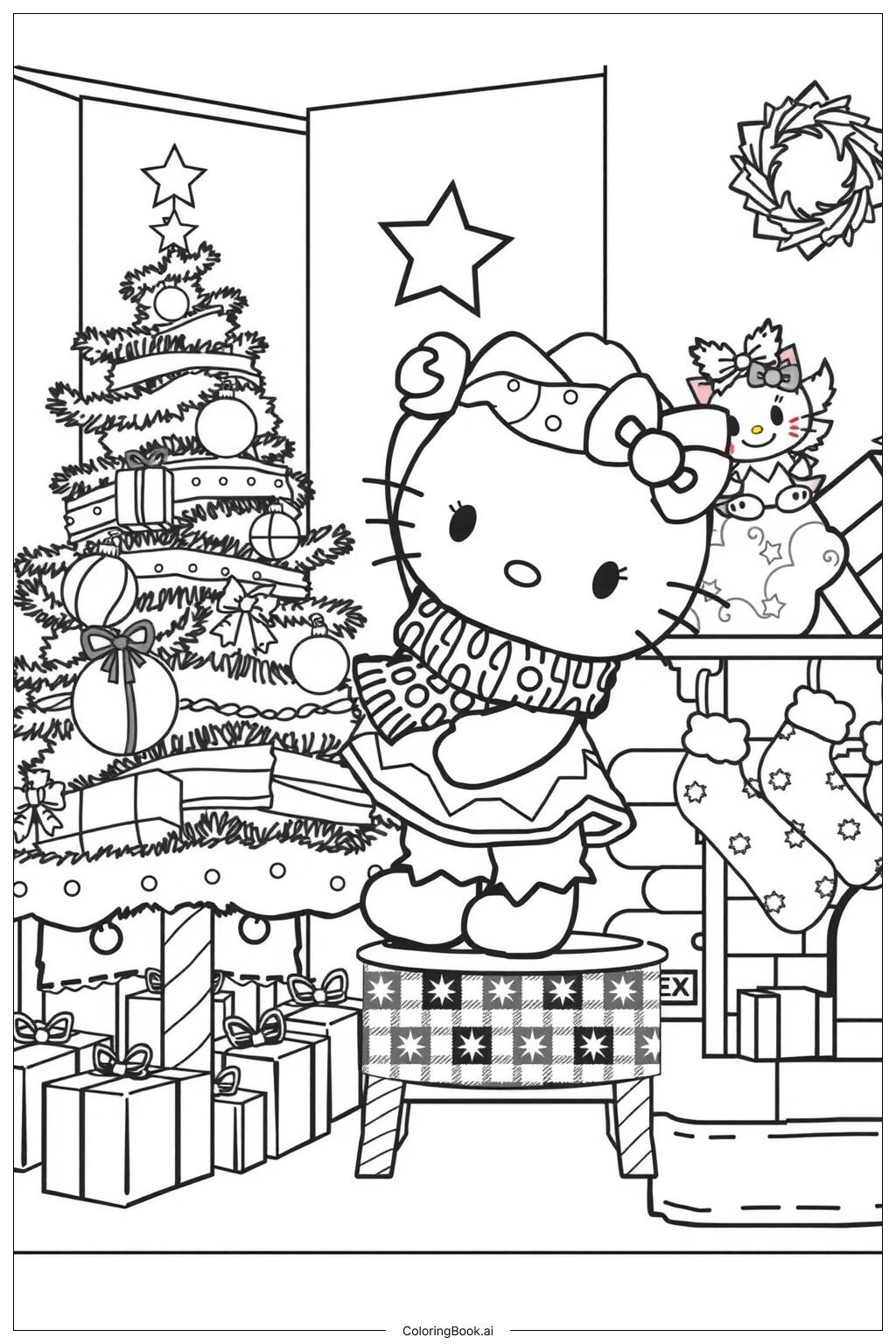 Hello Kitty Decorating A Christmas Tree 2 Coloring Page Free PDF PNG Printable 