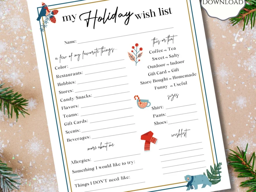 Holiday Wish List Printable Gift Wish List Secret Santa Questionnaire Office Party Gift Holiday Party Gift Exchange Ideas PDF Etsy