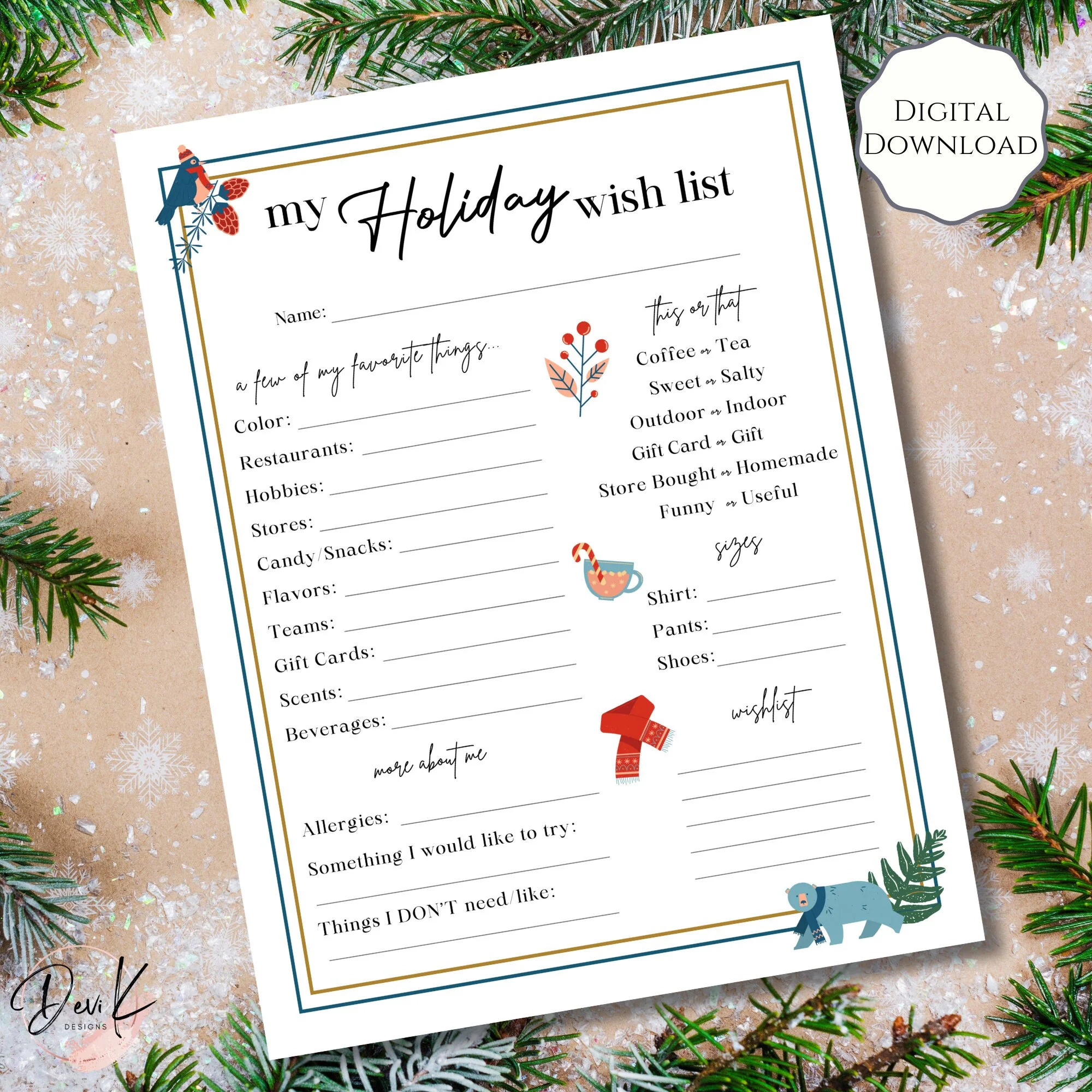 Holiday Wish List Printable Gift Wish List Secret Santa Questionnaire Office Party Gift Holiday Party Gift Exchange Ideas PDF Etsy