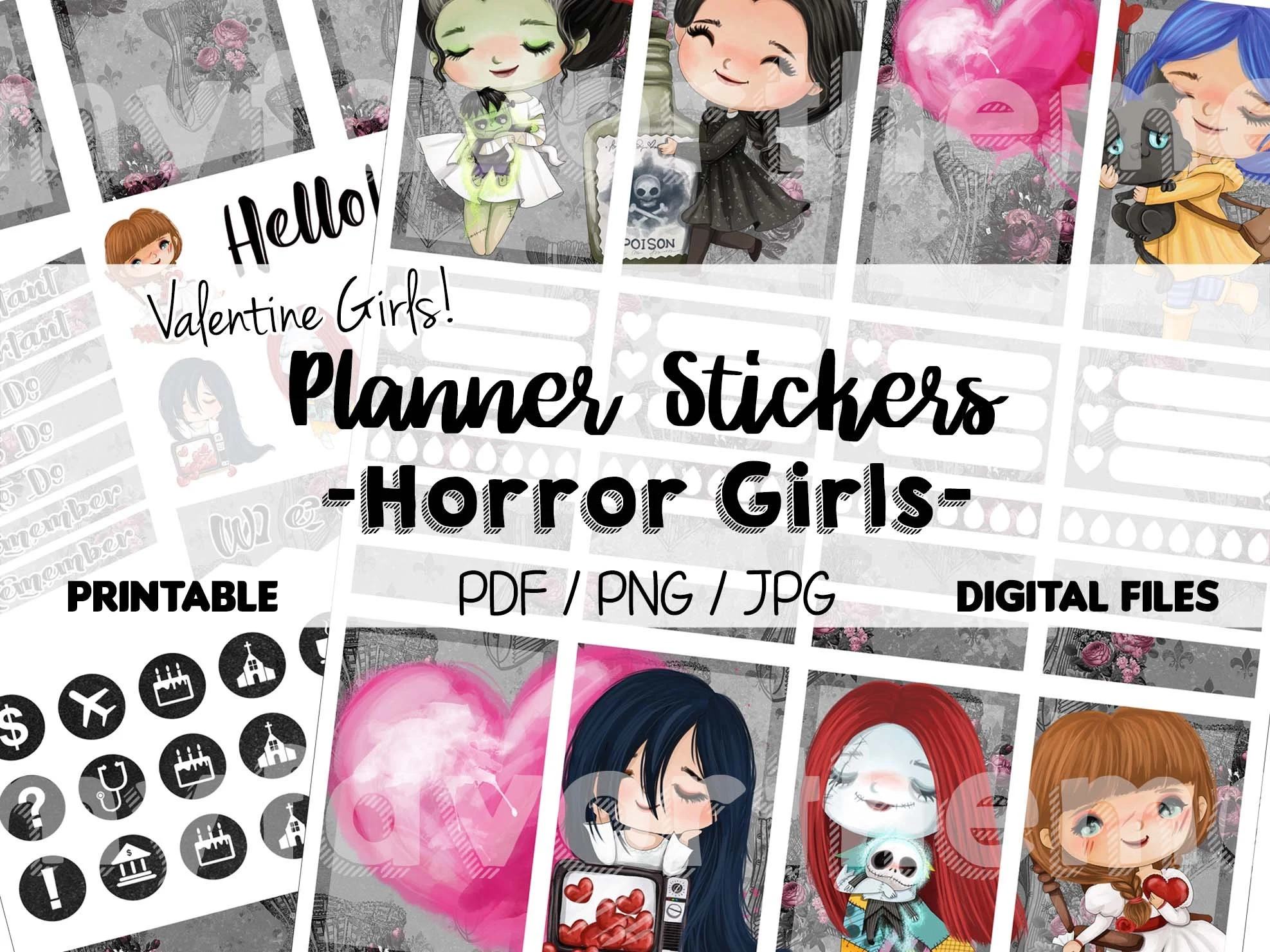Horror Girls Scary Movies Valentine Girls Happy Planner Stickers Printable Stickers Print At Home Planner Etsy