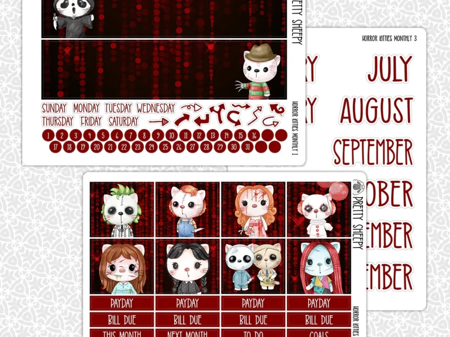 Horror Kitties Printable Planner Stickers PNG Digital Download Monthly Pretty Sheepy