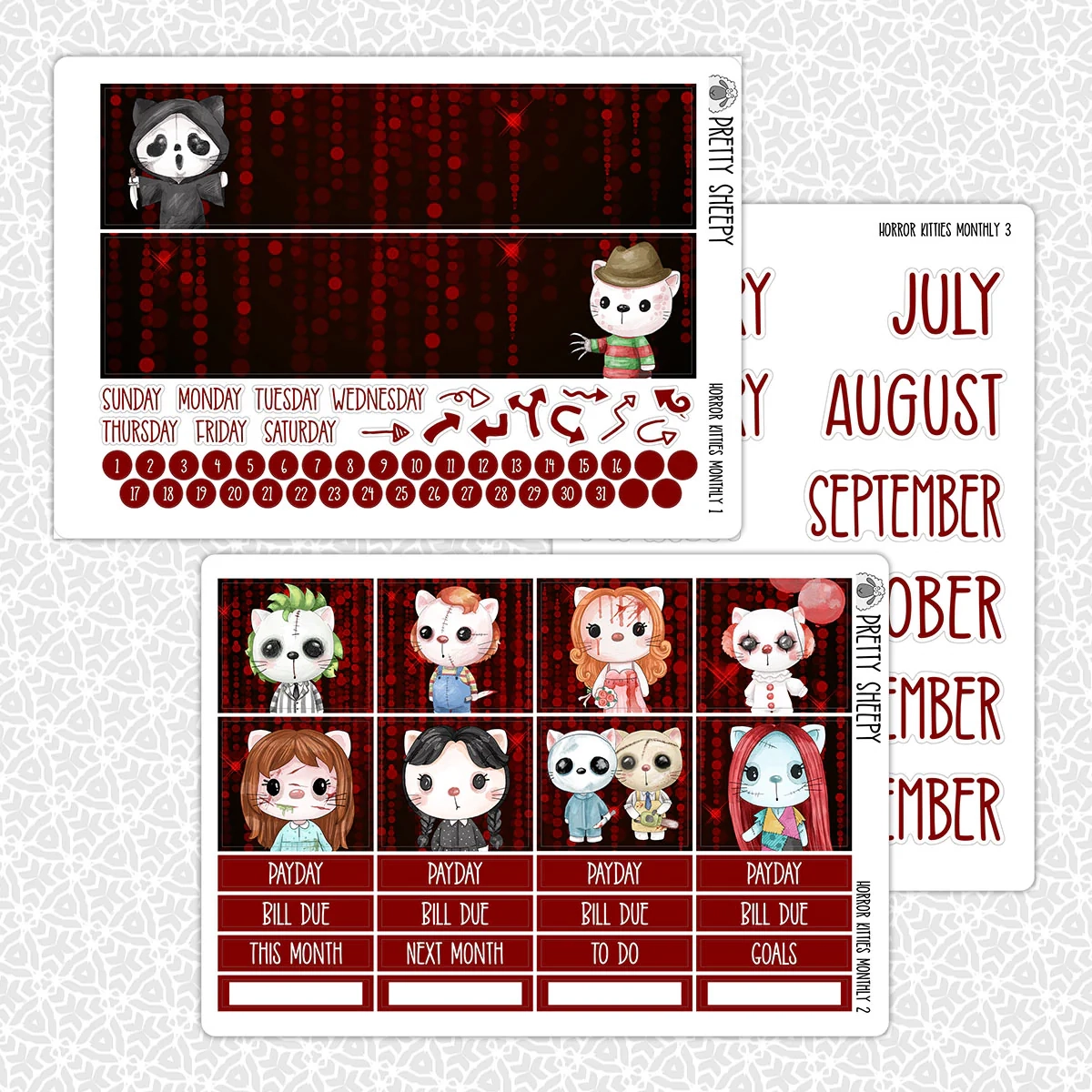 Horror Kitties Printable Planner Stickers PNG Digital Download Monthly Pretty Sheepy