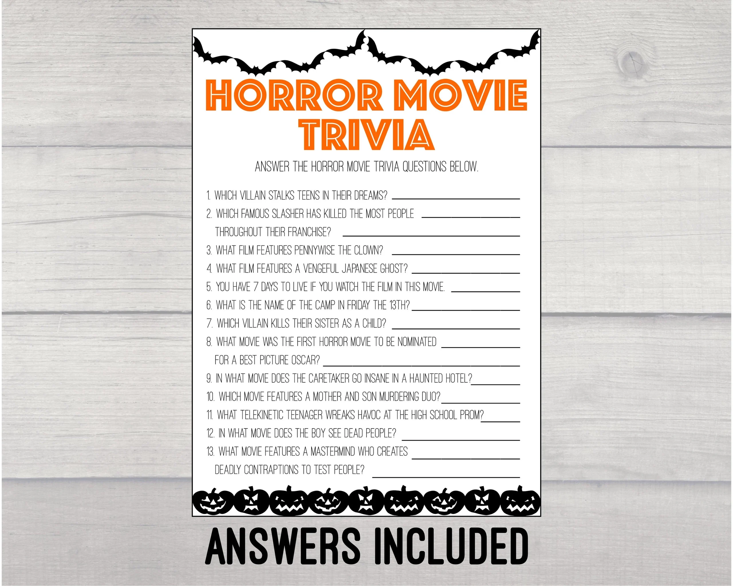 Horror Movie Trivia Printable Game Halloween Game Printable Digital Download Halloween Party Game Printable Horror Movie Trivia Etsy