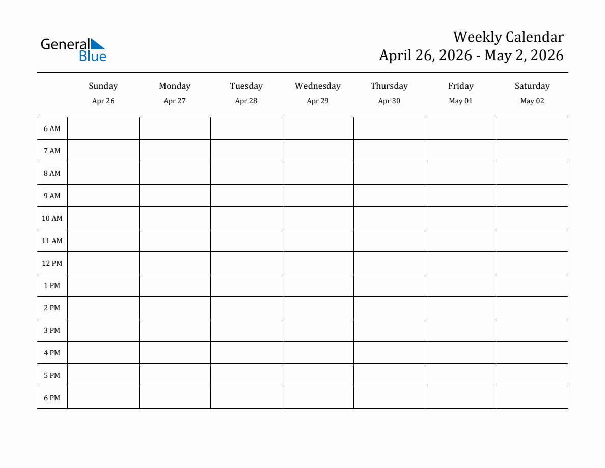 Hourly Planner Template For The Week Of April 26 2026