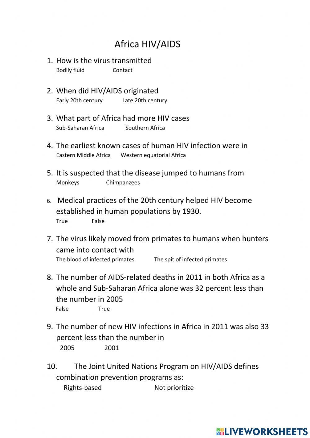 Hiv Aids Printable Quiz Hiv Aids Printable Quiz