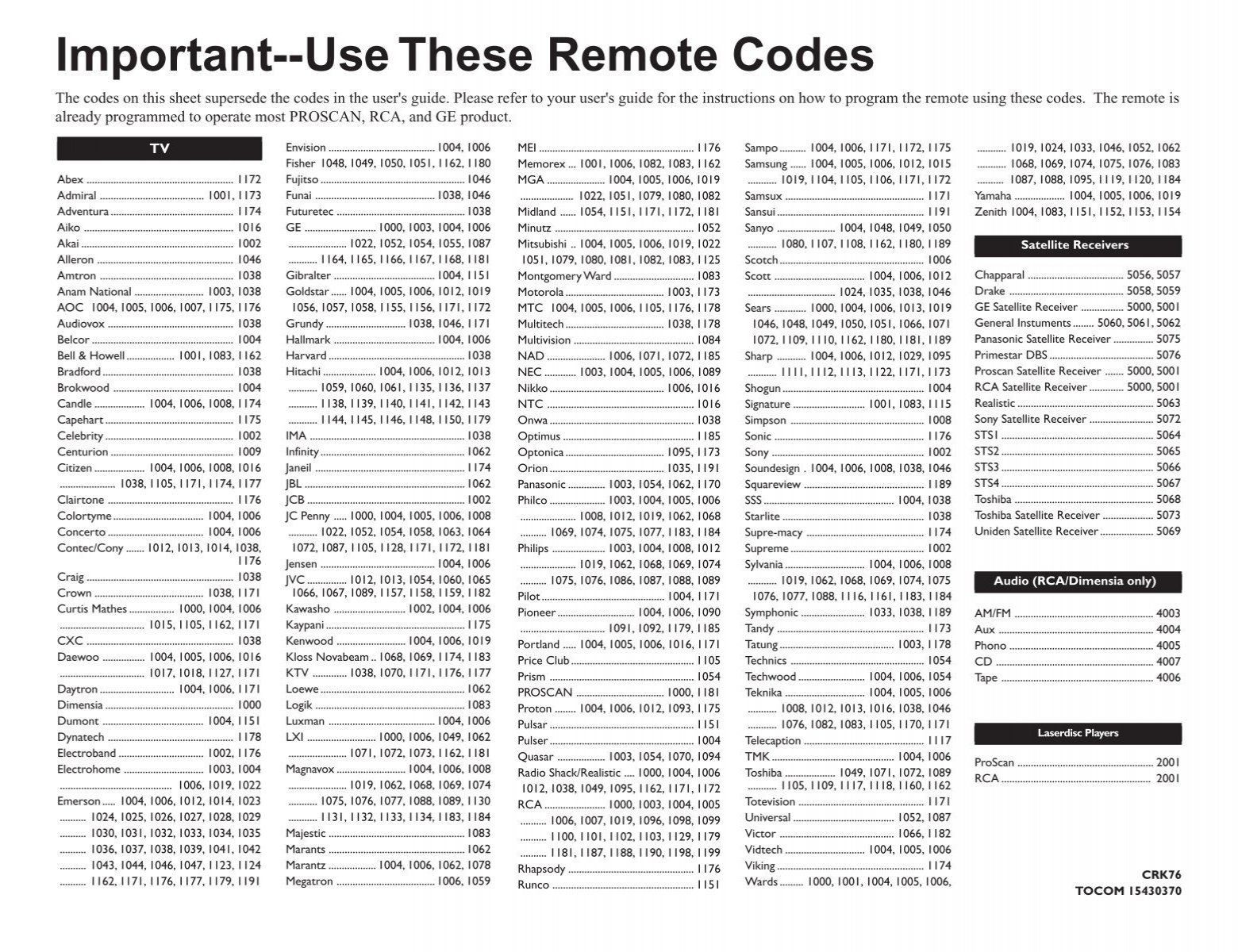 Important Use These Remote Codes DirecTV
