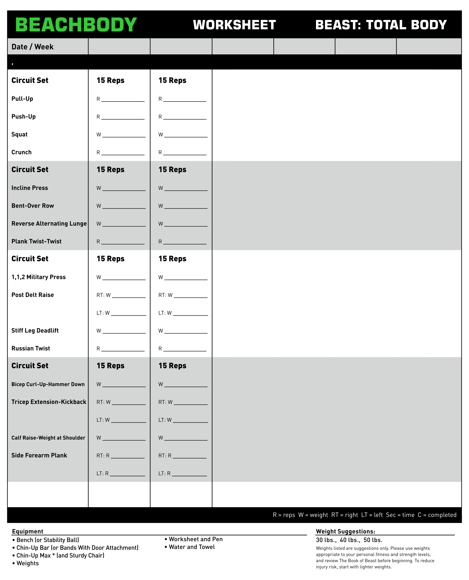 Insanity Fit Test Sheet Printable