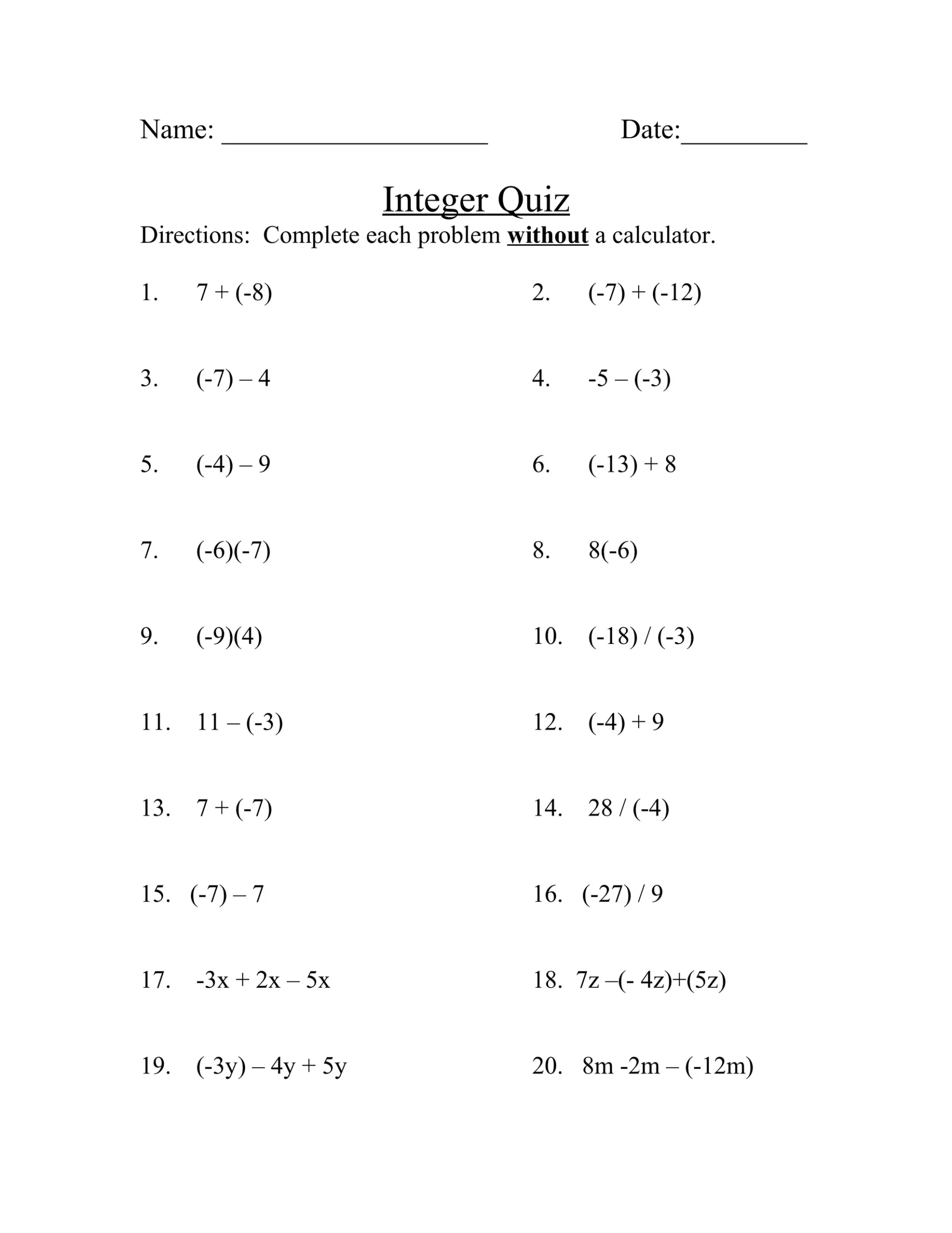 Integer Add Sub Take Home Quiz DOC