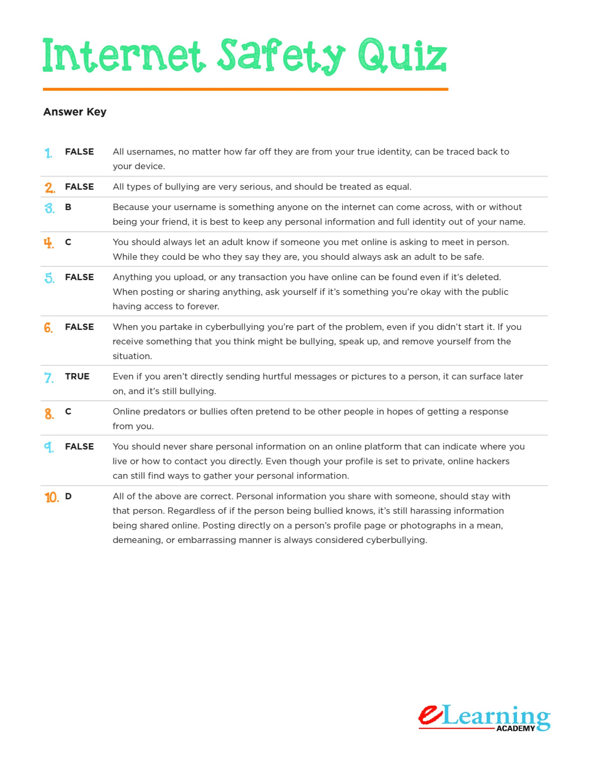 Internet Safety Quiz For Kids Printable
