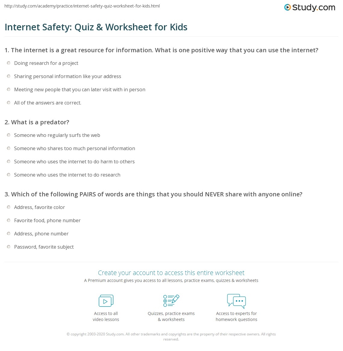 Internet Safety Quiz Worksheet For Kids Study