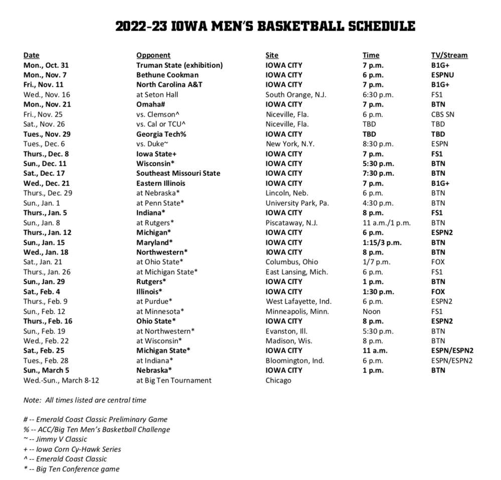 Iowa Men s Basketball Has 2022 23 Tip Times Established The Gazette
