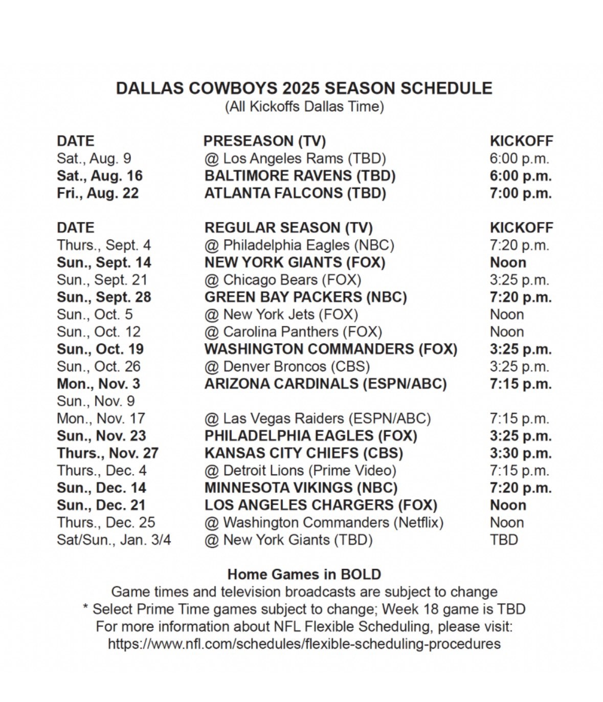 Dallas Cowboys Printable Schedule 2025-2026