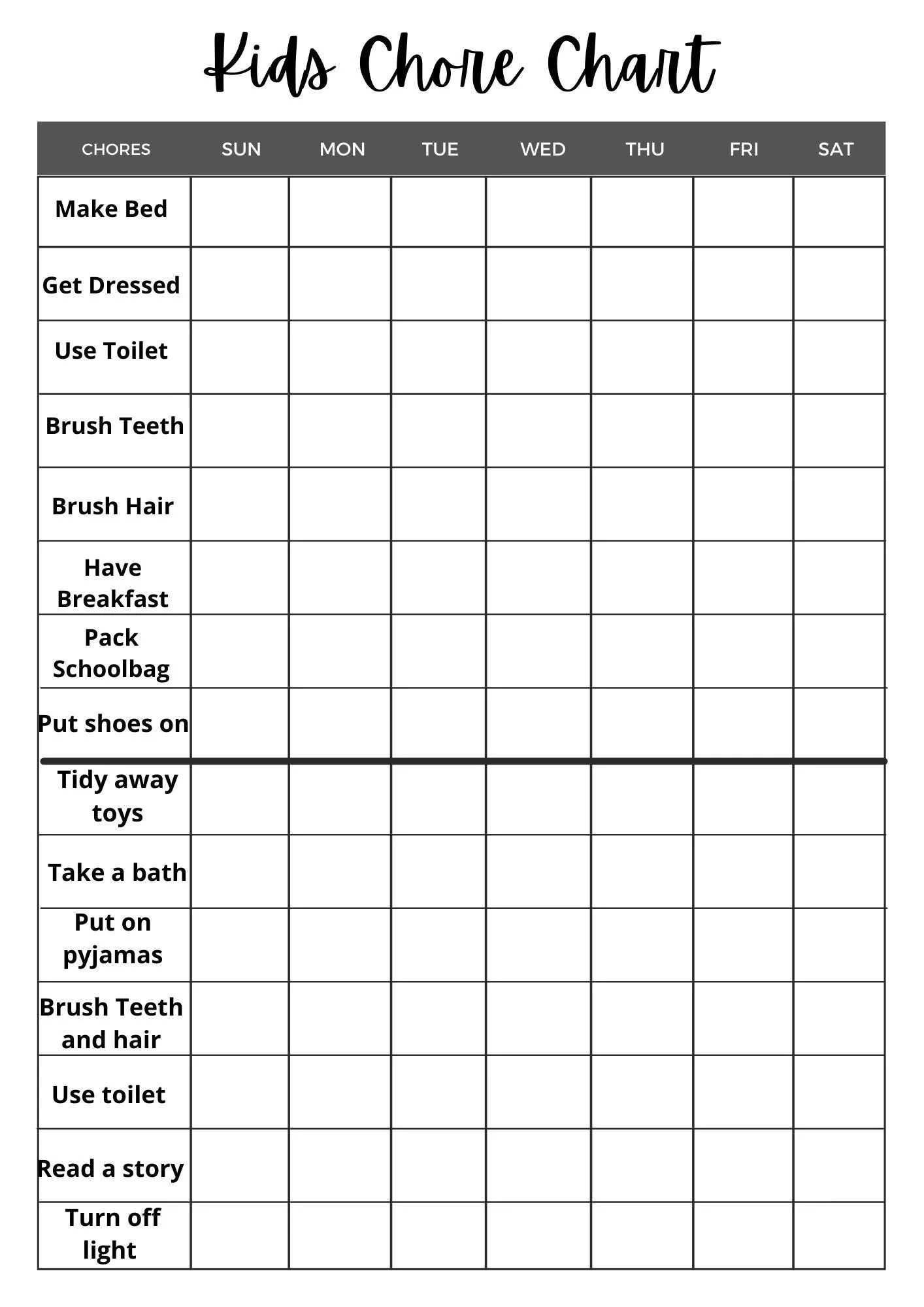 Chore List 7 Year Old Printable