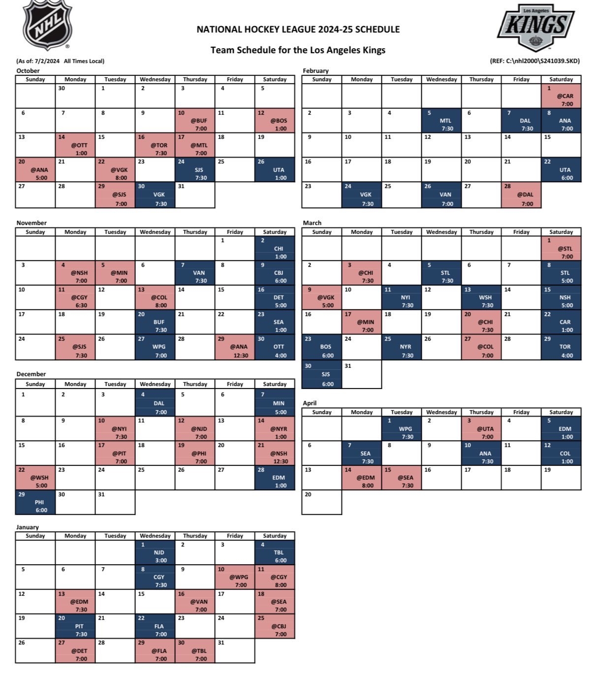 LA Kings 2024 25 Full 82 Game Season Schedule With Additional Notes LA Kings 2024 25 Full 82 Game Season Schedule With Additional Notes