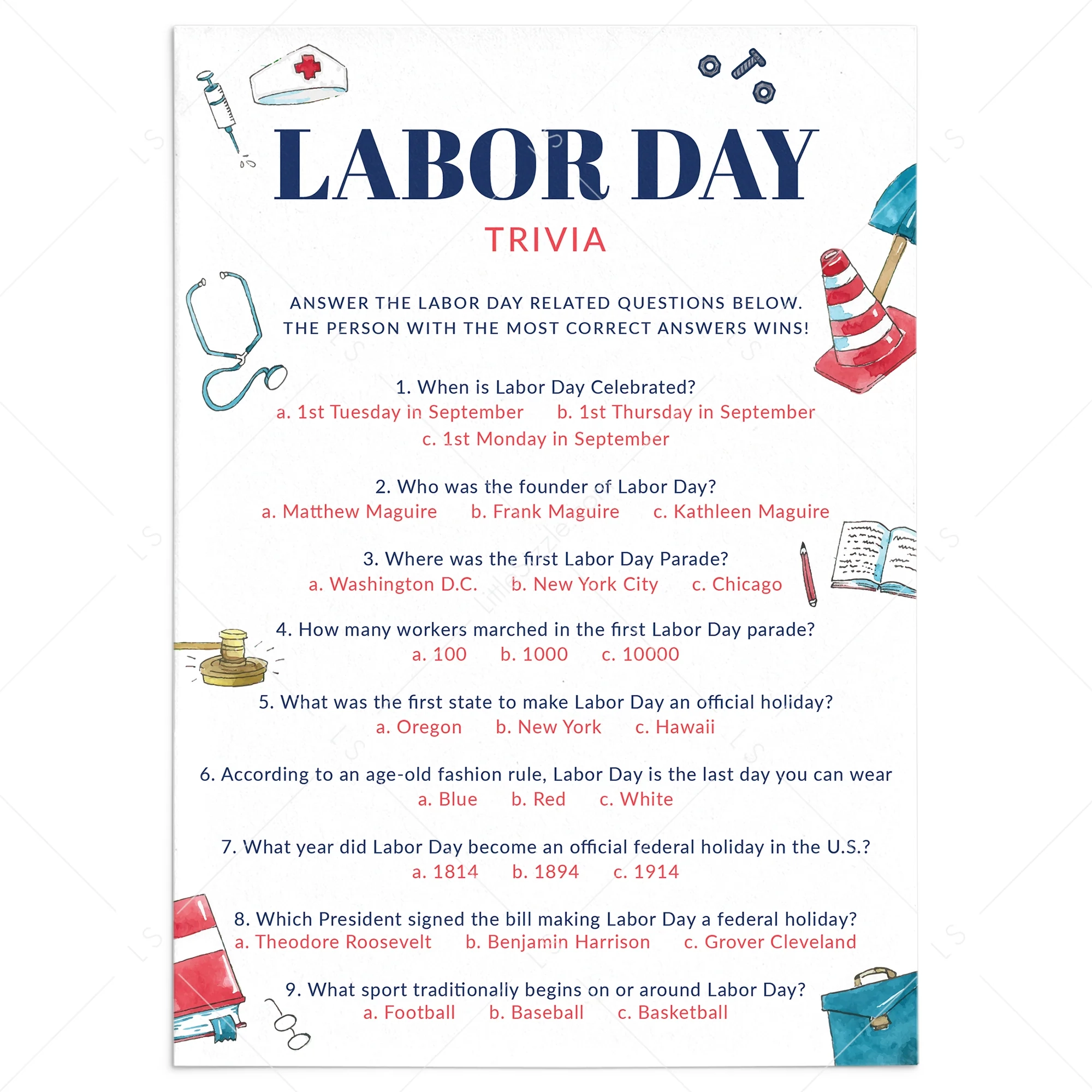 Labor Day Trivia With Answer Key Printable Labor Day Quiz For All Ages LittleSizzle