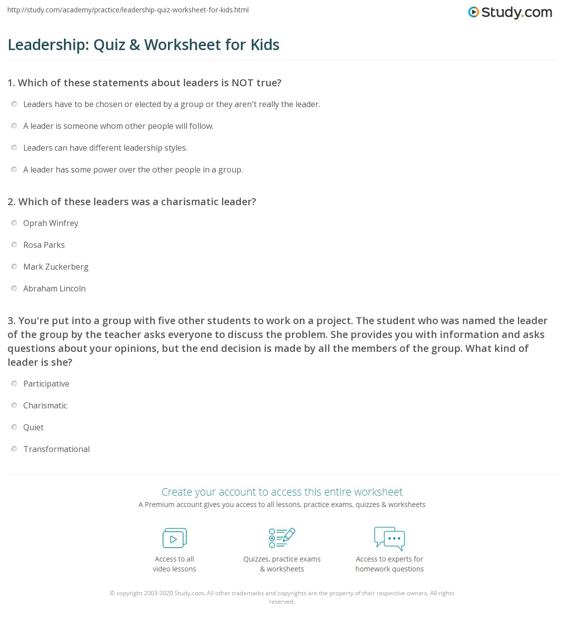Leadership Quiz Worksheet For Kids Study