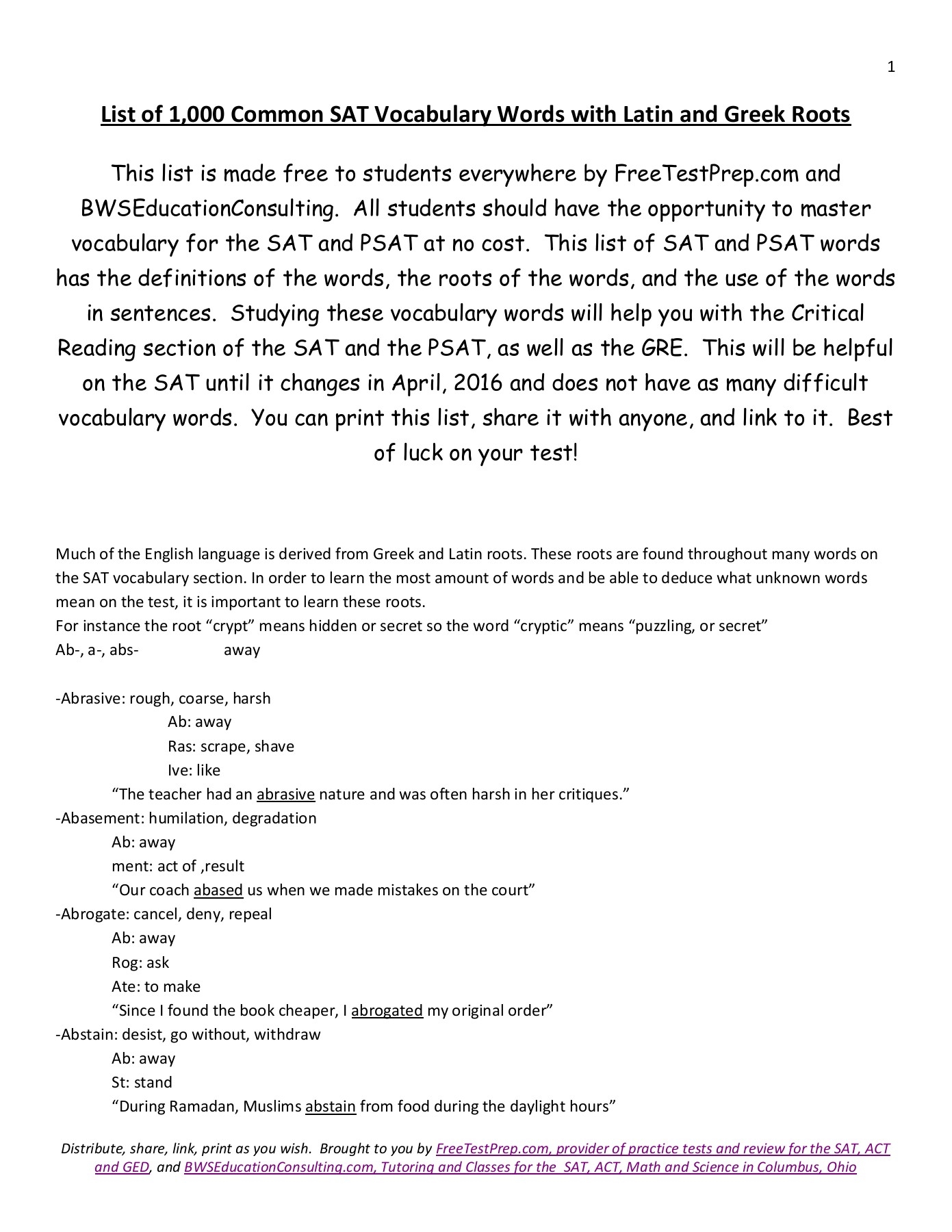 List Of 1 000 Common SAT Vocabulary Words With Latin And 