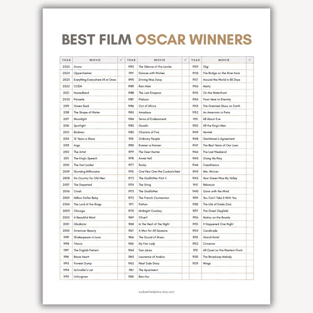 List Of Best Picture Winners Oscar Best Picture Winners Academy Award Best Picture Winners List Movie Buff Gift Oscar Party Movie Watchlist Etsy