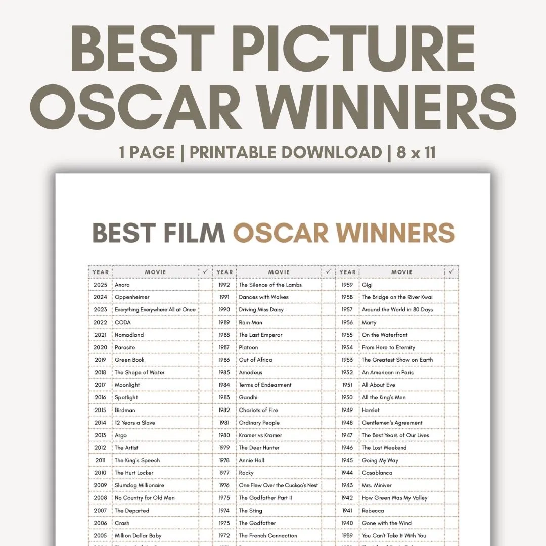 List Of Best Picture Winners Oscar Best Picture Winners Academy Award Best Picture Winners List Movie Buff Gift Oscar Party Movie Watchlist Etsy