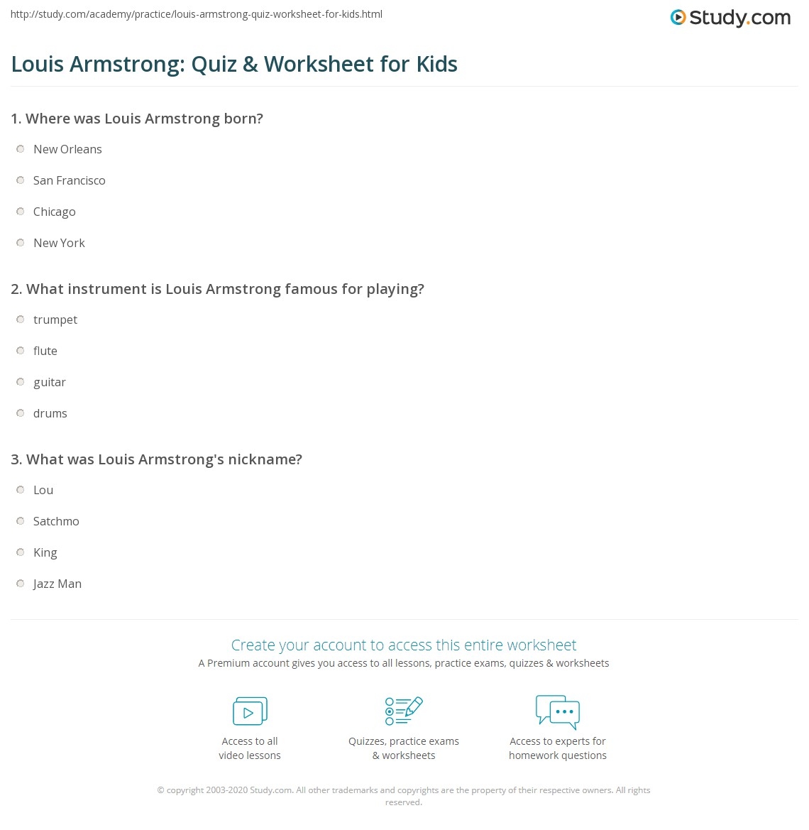 Louis Armstrong Quiz Worksheet For Kids Study